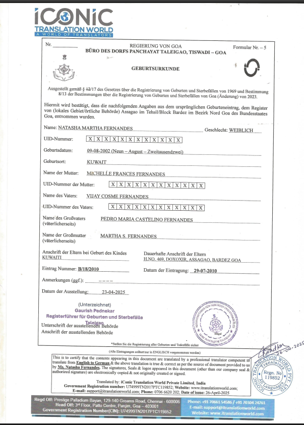 Original Birth Certificate Government Document Sample